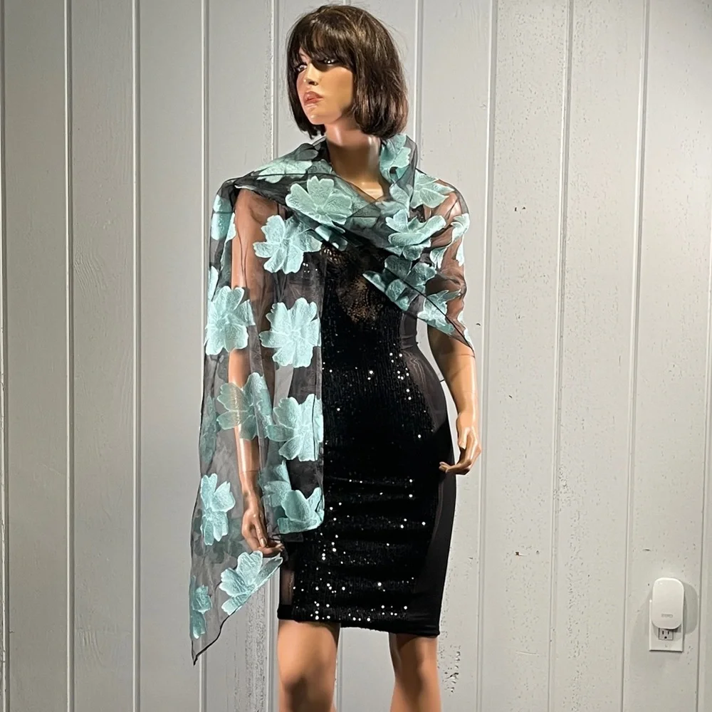 Women’s Blue & Black Floral Semi-Sheer Dress Scarf/Wrap